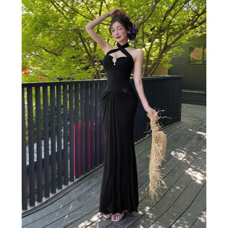 BY15458# 女神挂脖飘带晚礼服长裙高级性感修身褶皱网纱包臀连衣裙 服裝批發女裝批發服飾貨源