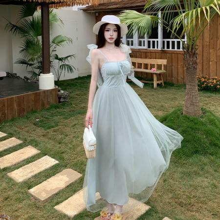 BY15459# 绿野仙踪网纱吊带连衣裙女夏海边度假氛围感气质长裙温柔 服裝批發女裝批發服飾貨源