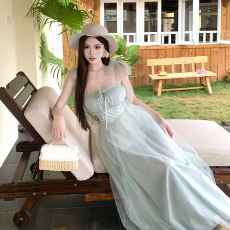 BY15459# 绿野仙踪网纱吊带连衣裙女夏海边度假氛围感气质长裙温柔 服裝批發女裝批發服飾貨源