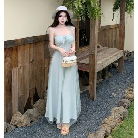 BY15459# 绿野仙踪网纱吊带连衣裙女夏海边度假氛围感气质长裙温柔 服裝批發女裝批發服飾貨源