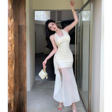 BY15460# 性感辣妹露背挂脖连衣裙夏季新款开叉飘带收腰包臀长裙女 服裝批發女裝批發服飾貨源