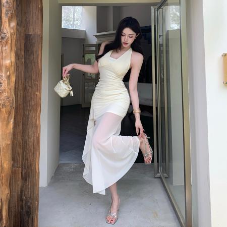 BY15460# 性感辣妹露背挂脖连衣裙夏季新款开叉飘带收腰包臀长裙女 服裝批發女裝批發服飾貨源