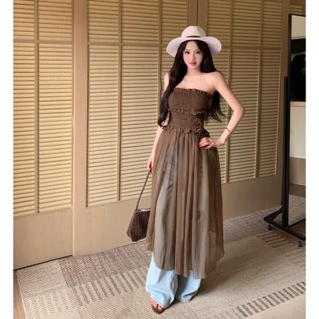 BY15461# 松紧抹胸拼接纱裙裹胸飘逸不规则连衣裙上衣花朵中长裙女 服裝批發女裝批發服飾貨源