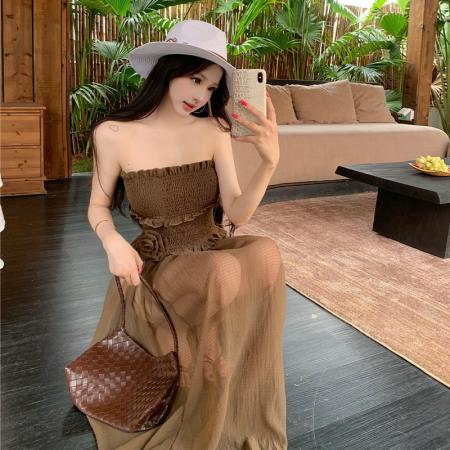 BY15461# 松紧抹胸拼接纱裙裹胸飘逸不规则连衣裙上衣花朵中长裙女 服裝批發女裝批發服飾貨源