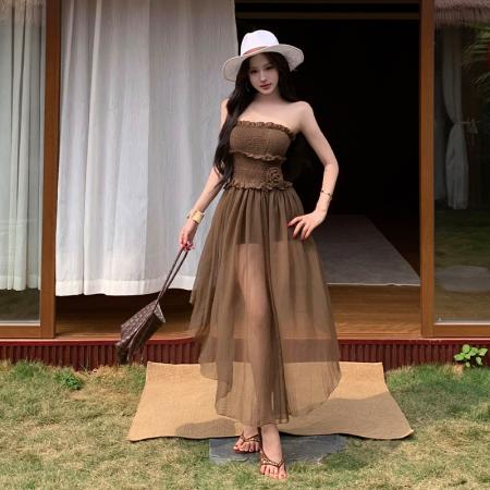 BY15461# 松紧抹胸拼接纱裙裹胸飘逸不规则连衣裙上衣花朵中长裙女 服裝批發女裝批發服飾貨源