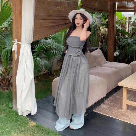 BY15461# 松紧抹胸拼接纱裙裹胸飘逸不规则连衣裙上衣花朵中长裙女 服裝批發女裝批發服飾貨源