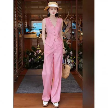 BY15463# 气质轻奢高级感女人味粉色V领马甲裤子套装女夏季超火两件套 服裝批發女裝批發服飾貨源