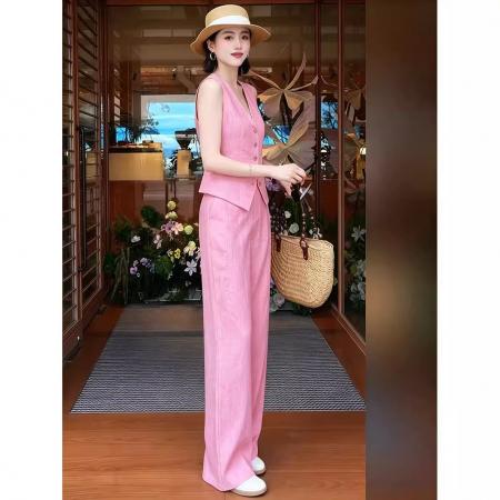 BY15463# 气质轻奢高级感女人味粉色V领马甲裤子套装女夏季超火两件套 服裝批發女裝批發服飾貨源