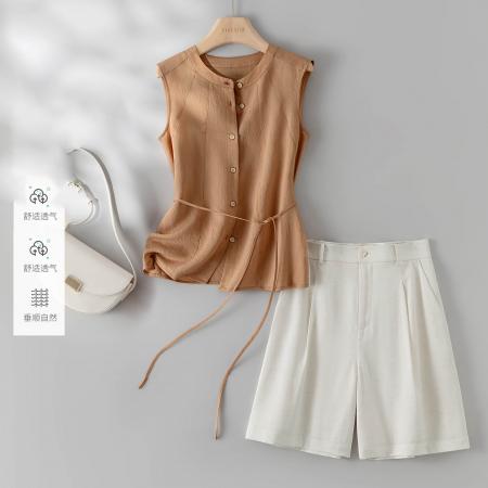 BY15464# 高端轻奢时尚气质轻薄短裤套装女夏季时髦无袖衬衫两件套 服裝批發女裝批發服飾貨源