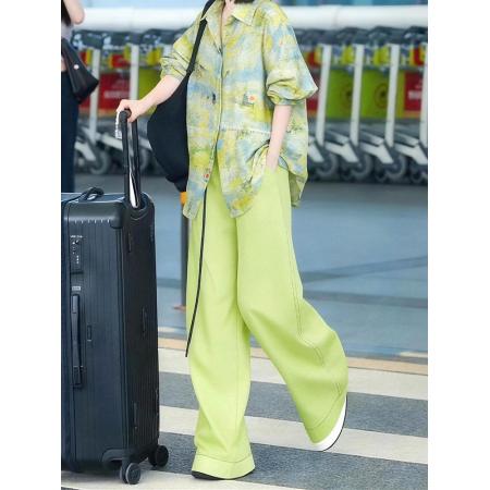 BY15465# 春季清新名媛气质两件套绿色印花衬衫上衣阔腿裤大码套装女 服裝批發女裝批發服飾貨源