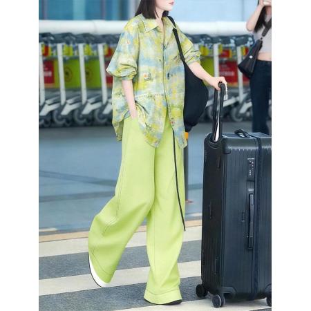 BY15465# 春季清新名媛气质两件套绿色印花衬衫上衣阔腿裤大码套装女 服裝批發女裝批發服飾貨源