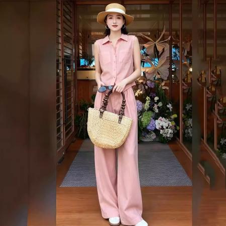 BY15467# 奶系穿搭一整套洋气减龄粉色polo领无袖衬衫套装裤女夏季 服裝批發女裝批發服飾貨源