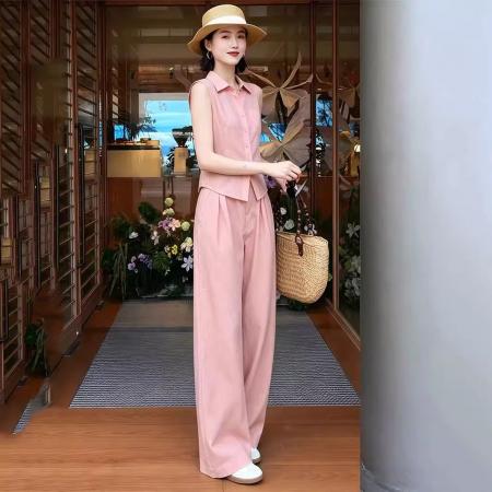 BY15467# 奶系穿搭一整套洋气减龄粉色polo领无袖衬衫套装裤女夏季 服裝批發女裝批發服飾貨源