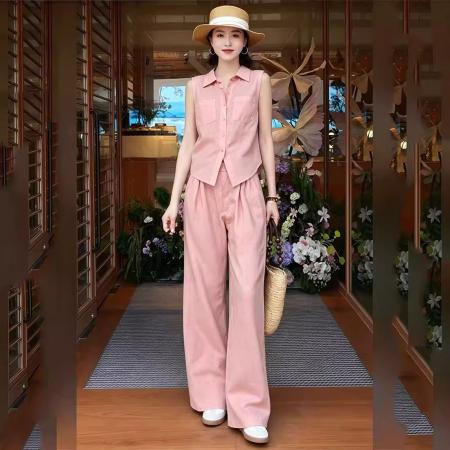 BY15467# 奶系穿搭一整套洋气减龄粉色polo领无袖衬衫套装裤女夏季 服裝批發女裝批發服飾貨源