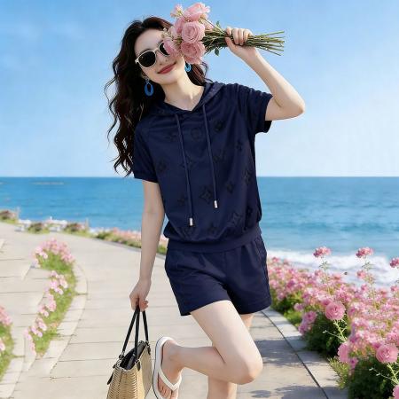 BY15468# 夏季女装新款小清新运动休闲时尚连帽卫衣短袖短裤两件套装 服裝批發女裝批發服飾貨源