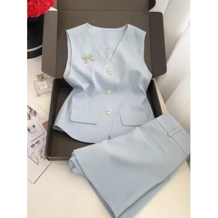 BY15469# 夏季穿搭一整套高级感欧货时尚洋气减龄小香风浅蓝色马甲短裤套装 服裝批發女裝批發服飾貨源