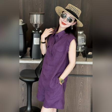 BY15470# 姐系贵感套装夏季小个子紫色polo领无袖工装衬衫短裤两件套 服裝批發女裝批發服飾貨源