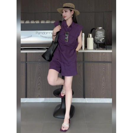 BY15470# 姐系贵感套装夏季小个子紫色polo领无袖工装衬衫短裤两件套 服裝批發女裝批發服飾貨源