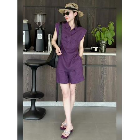 BY15470# 姐系贵感套装夏季小个子紫色polo领无袖工装衬衫短裤两件套 服裝批發女裝批發服飾貨源