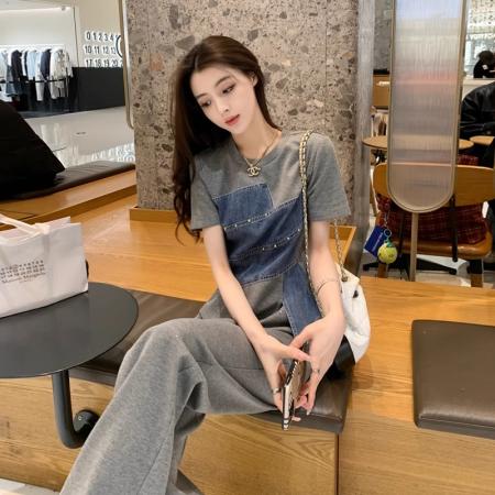 BY15474# 灰色运动休闲套装女夏季欧货高级感减龄牛仔拼接短袖阔腿裤两件套 服裝批發女裝批發服飾貨源