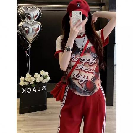 BY15476# 欧货休闲运动套装女夏装新款时尚洋气修身圆领印花短袖两件套 服裝批發女裝批發服飾貨源