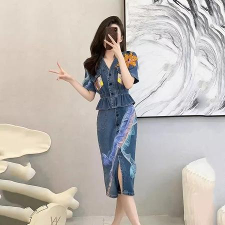 BY15479# 法式牛仔连衣裙套装半身裙时尚套装女夏季新款减龄休闲两件套 服裝批發女裝批發服飾貨源