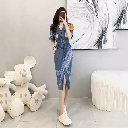 BY15479# 法式牛仔连衣裙套装半身裙时尚套装女夏季新款减龄休闲两件套 服裝批發女裝批發服飾貨源