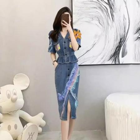 BY15479# 法式牛仔连衣裙套装半身裙时尚套装女夏季新款减龄休闲两件套 服裝批發女裝批發服飾貨源