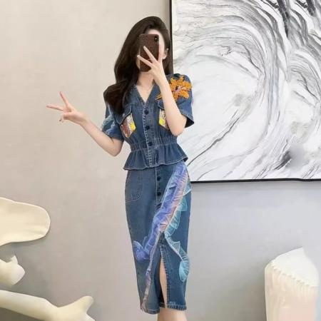 BY15479# 法式牛仔连衣裙套装半身裙时尚套装女夏季新款减龄休闲两件套 服裝批發女裝批發服飾貨源