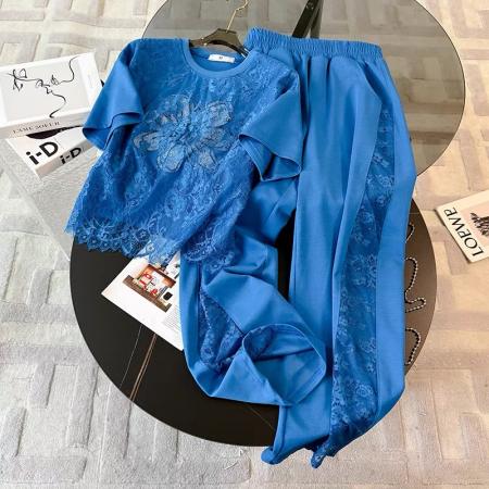 BY15480# 欧货蓝色运动套装女夏季新款时尚洋气蕾丝拼接短袖两件套 服裝批發女裝批發服飾貨源