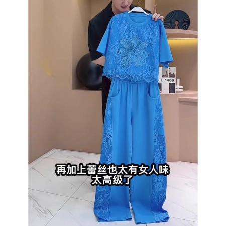 BY15480# 欧货蓝色运动套装女夏季新款时尚洋气蕾丝拼接短袖两件套 服裝批發女裝批發服飾貨源