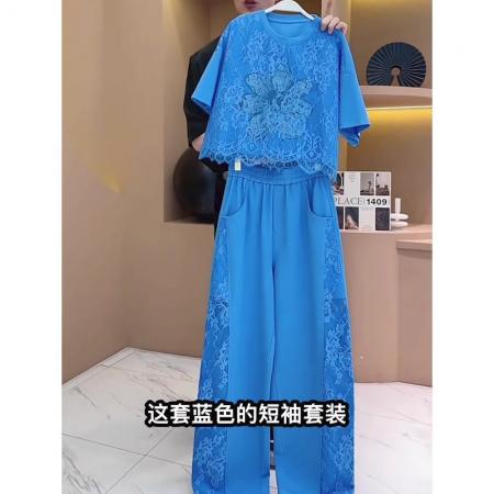BY15480# 欧货蓝色运动套装女夏季新款时尚洋气蕾丝拼接短袖两件套 服裝批發女裝批發服飾貨源