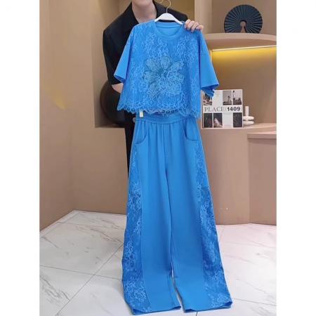 BY15480# 欧货蓝色运动套装女夏季新款时尚洋气蕾丝拼接短袖两件套 服裝批發女裝批發服飾貨源