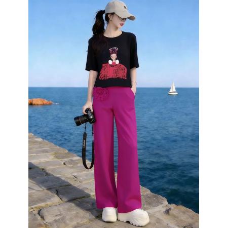 BY15481# 欧货休闲运动套装女夏季时尚设计感短袖立体花朵阔腿裤两件套 服裝批發女裝批發服飾貨源