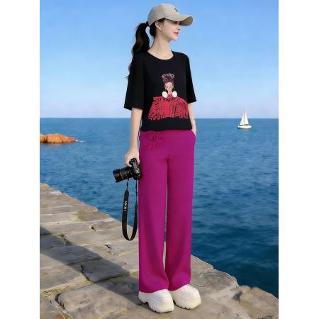 BY15481# 欧货休闲运动套装女夏季时尚设计感短袖立体花朵阔腿裤两件套 服裝批發女裝批發服飾貨源