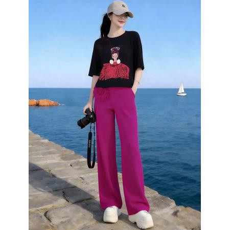 BY15481# 欧货休闲运动套装女夏季时尚设计感短袖立体花朵阔腿裤两件套 服裝批發女裝批發服飾貨源