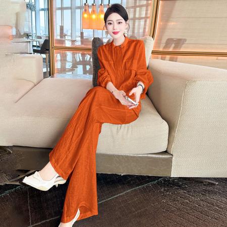 BY15483# 春季减龄穿搭一整套轻熟风橘红色工装衬衫阔腿裤两件套装女 服裝批發女裝批發服飾貨源