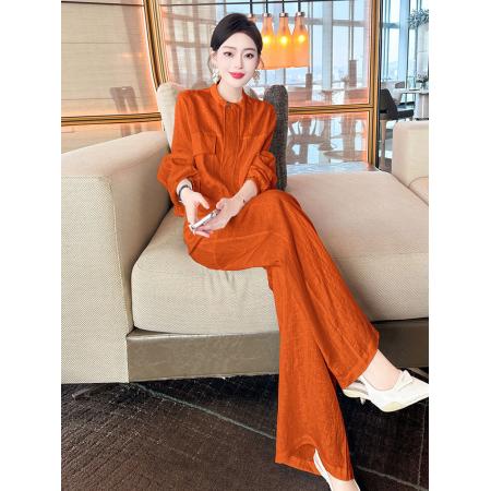 BY15483# 春季减龄穿搭一整套轻熟风橘红色工装衬衫阔腿裤两件套装女 服裝批發女裝批發服飾貨源