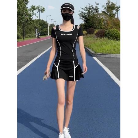 BY15484# 时尚设计感修身显瘦撞色线条两件套夏季镂空T恤短裙运动套装 服裝批發女裝批發服飾貨源