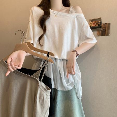 BY15485# 夏季新款拼接网纱露肩小心机设计假两件T恤大码显瘦上衣 服裝批發女裝批發服飾貨源