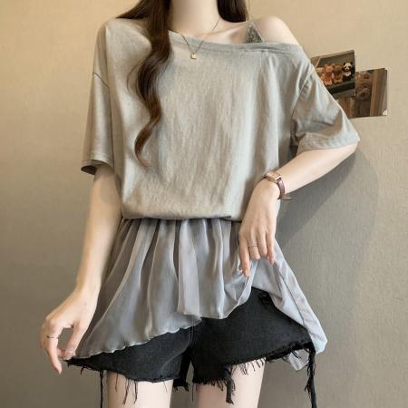 BY15485# 夏季新款拼接网纱露肩小心机设计假两件T恤大码显瘦上衣 服裝批發女裝批發服飾貨源