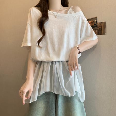 BY15485# 夏季新款拼接网纱露肩小心机设计假两件T恤大码显瘦上衣 服裝批發女裝批發服飾貨源