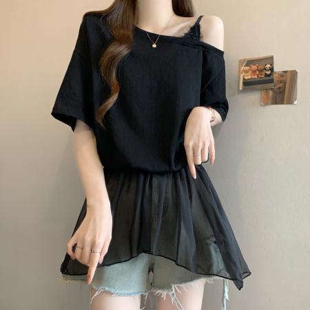 BY15485# 夏季新款拼接网纱露肩小心机设计假两件T恤大码显瘦上衣 服裝批發女裝批發服飾貨源