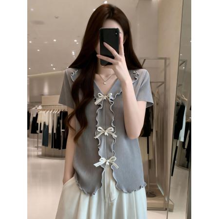 BY15487# 夏季新款个性卷边蝴蝶结冰丝针织衫女大码显瘦减龄上衣 服裝批發女裝批發服飾貨源