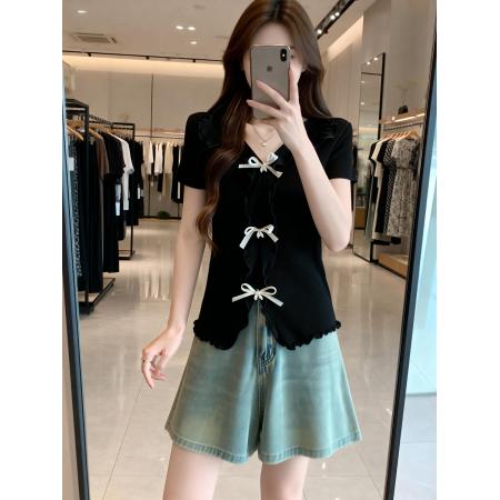 BY15487# 夏季新款个性卷边蝴蝶结冰丝针织衫女大码显瘦减龄上衣 服裝批發女裝批發服飾貨源