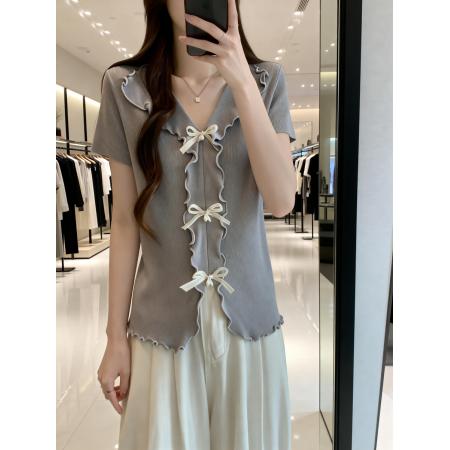 BY15487# 夏季新款个性卷边蝴蝶结冰丝针织衫女大码显瘦减龄上衣 服裝批發女裝批發服飾貨源