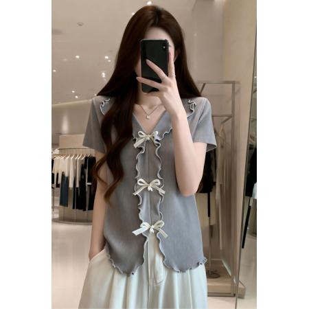 BY15487# 夏季新款个性卷边蝴蝶结冰丝针织衫女大码显瘦减龄上衣 服裝批發女裝批發服飾貨源