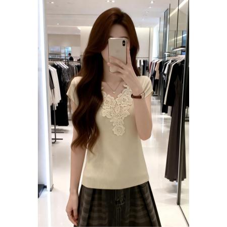 BY15488# 夏季新款V领蕾丝拼接冰丝针织衫女大码百搭显瘦透气上衣 服裝批發女裝批發服飾貨源