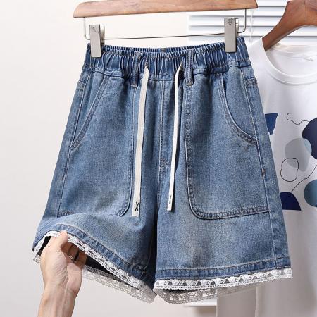 BY15492# 夏款大码松紧腰宽松蕾丝阔腿四分牛仔短裤胖MM显瘦高A字热裤 服裝批發女裝批發服飾貨源