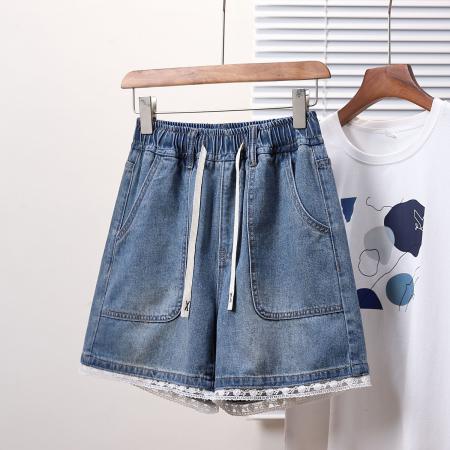 BY15492# 夏款大码松紧腰宽松蕾丝阔腿四分牛仔短裤胖MM显瘦高A字热裤 服裝批發女裝批發服飾貨源